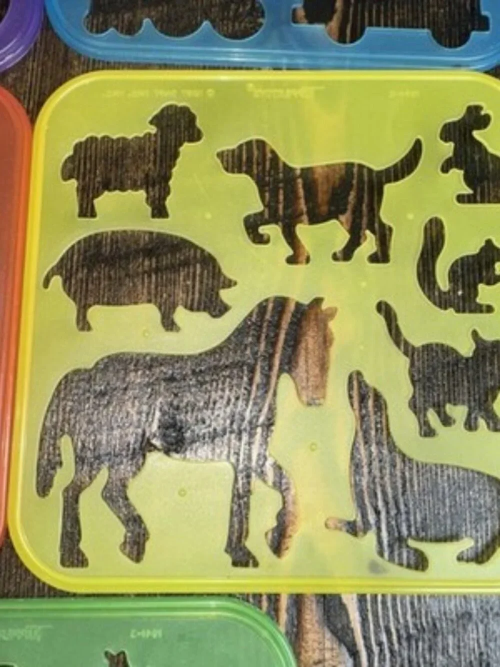 1987 VTG Set Of 5 Tupperware Tuppertoys Art Shapes Stencil Train Dog Fish Flower